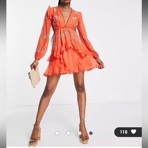 ASOS DESIGN circle trim mini dress with floral embellishment, size 4